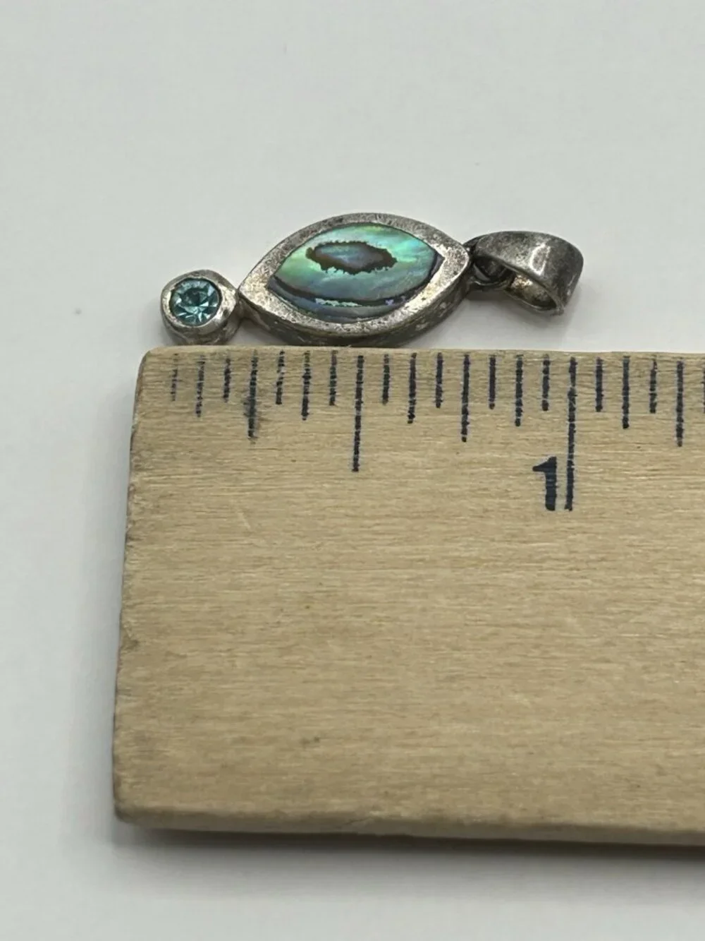 Vintage Sterling Silver Abalone Pendant Marquise Inlay Blue Stone Accent - Picture 11 of 12